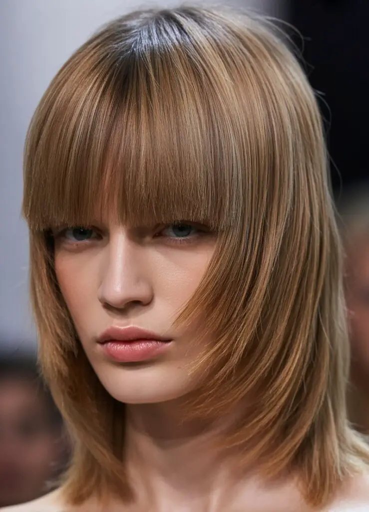 fashion parade female model with Shoulder-Length Blunt Cut showing Choppy Textured Layers for Volume and Thickness