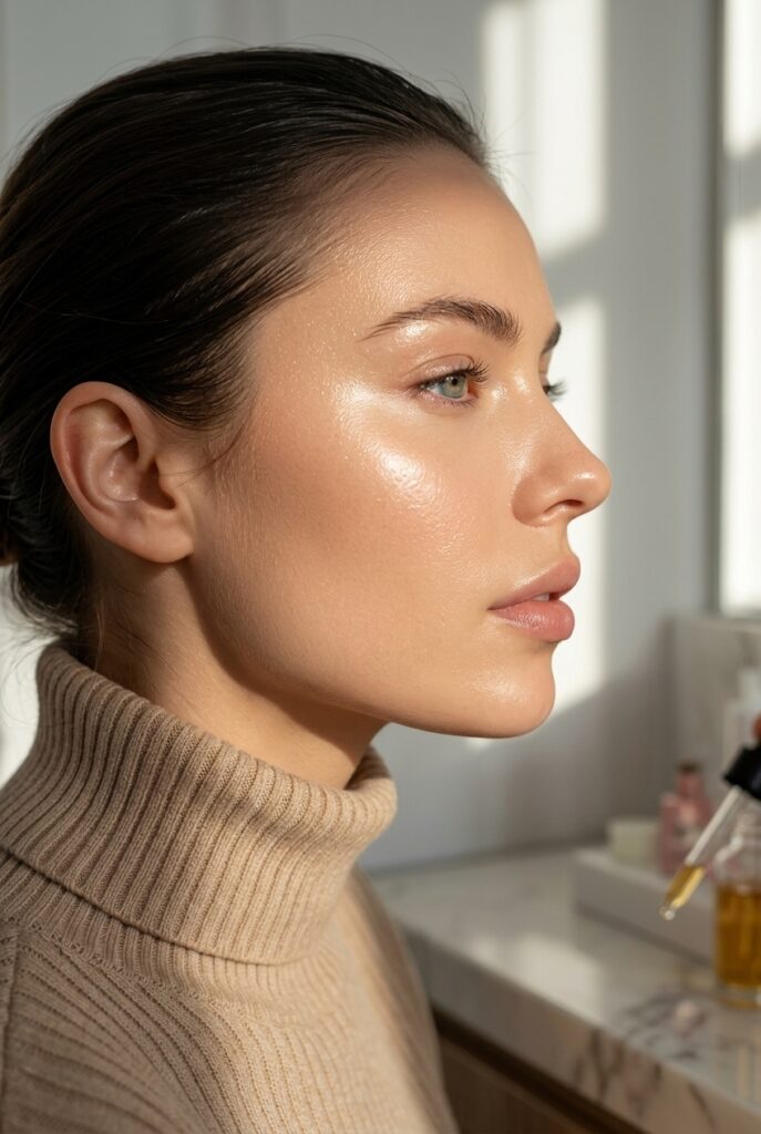 female model in side profile showcasing a serum powered foundation finish with visibly hydrated plump and luminous skin and a smooth radiant complexion ideal for dry skin female model in side profile showcasing a serum powered foundation finish with visibly hydrated plump and luminous skin and a smooth radiant complexion ideal for dry skin