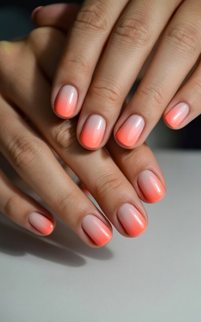 freshly manicured hands displaying beautiful ombre gradient nail art in soft pink and coral tones