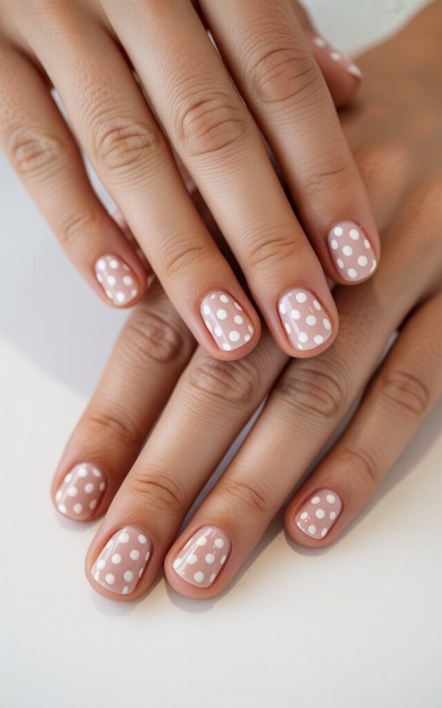 freshly manicured hands displaying polka dot nail art against a clean white background