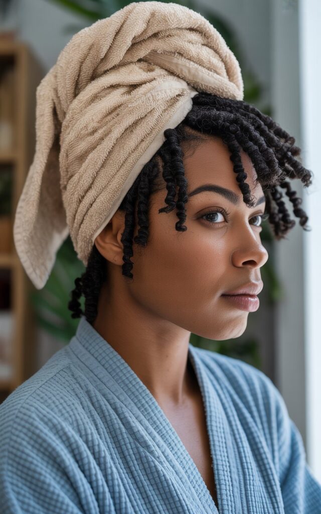 Black woman in side profile with tightly coiled Type 4 natural black hair wrapped in a warm towel deep conditioning treatment, healthy coils, casual outfit with dusty blue color