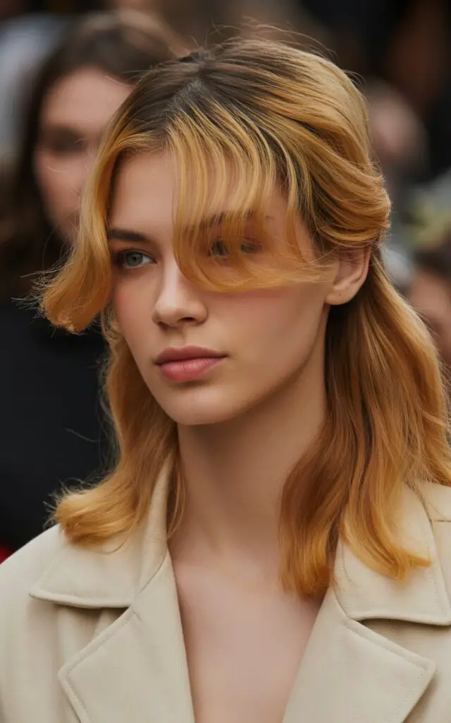 warm honey blonde hair with bright face-framing highlights around hairline and temples, lighter front pieces with darker back