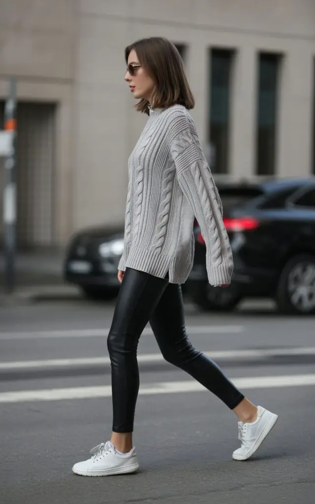 black leather leggings with oversized chunky cable knit sweater and white sneakers