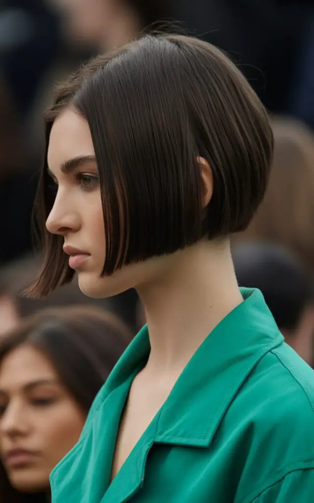 blunt bob haircut with uniform one-length cut and sharp precise edge