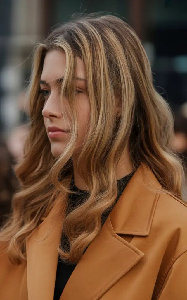 honey blonde hair with caramel lowlights woven throughout, rich multidimensional depth with darker and lighter tones