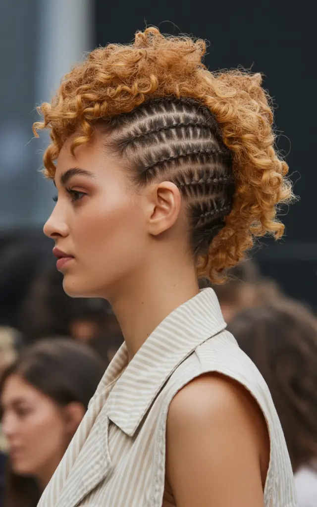 Full closeup to fashion parade female model in side profile, faux hawk with flat twists on sides and voluminous two-strand twists in center, natural curly texture, relaxed bohemian outfit.