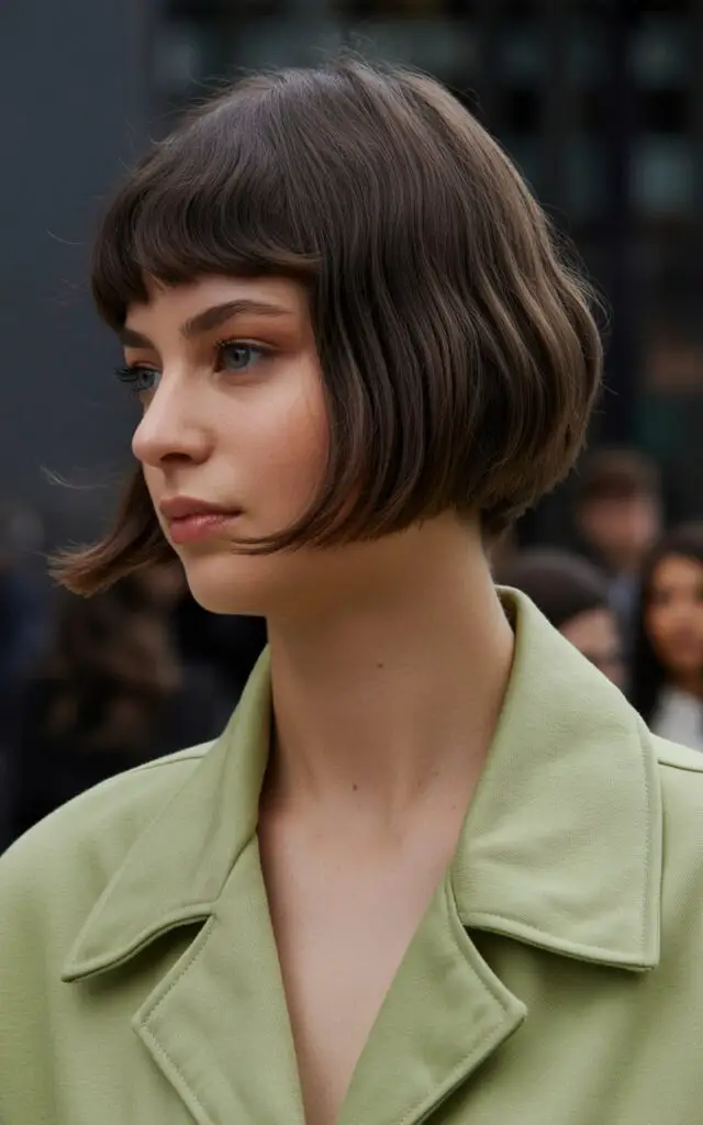 French bob haircut at chin length with micro fringe above eyebrows