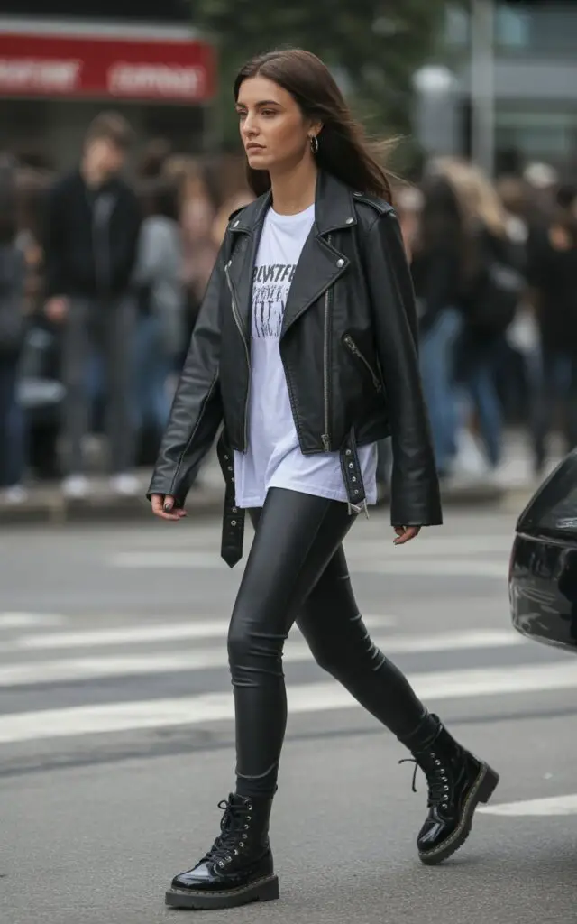 black leather leggings with black moto leather jacket and white graphic tee underneath with combat boots