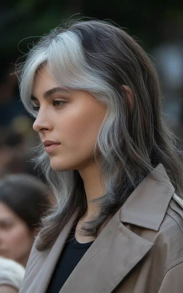 Full closeup to fashion parade female model in side profile, dual-tonal highlighting with both warm and cool-toned highlights creating sophisticated multidimensional effect blending gray hair, casual outfit.