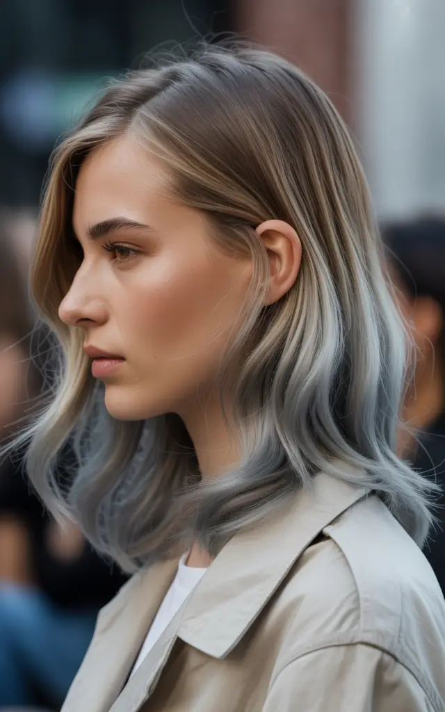 Full closeup to fashion parade female model in side profile, color melting technique showing seamless gradient with multiple tones blending from roots to ends covering gray hair with invisible transitions, casual outfit.