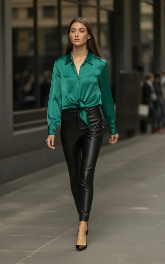 wearing black leather leggings with emerald silk blouse tucked in and pointed-toe flats, sophisticated feminine outfit