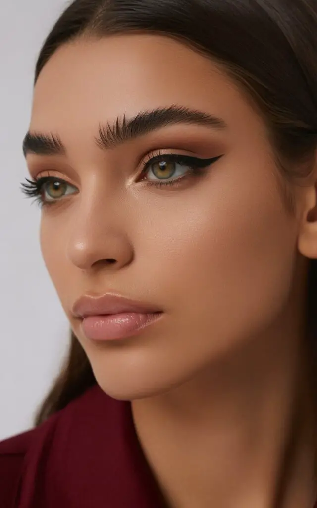 full-face matte makeup with bold defined eyebrows and wing liner