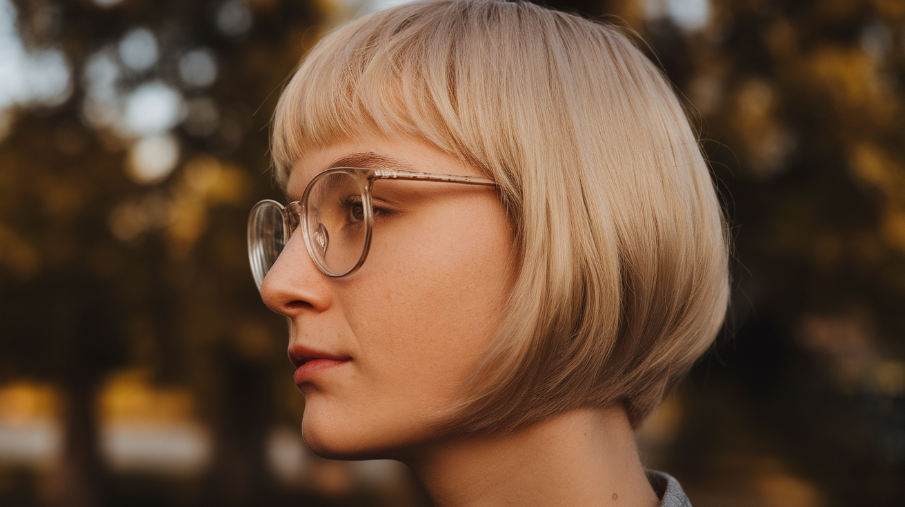 A photo of a side profile of an Austrian woman with a closeup on her haircut. She has an oval face shape and is wearing glasses. The background is blurred and consists of trees. The lighting is warm.