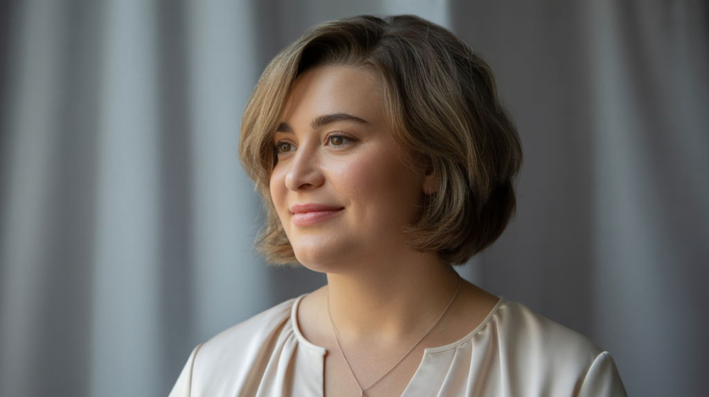 A professional portrait photograph of a woman with a medium, subtly layered hairstyle and a charmingly round, chubby face, captured in a gentle side profile