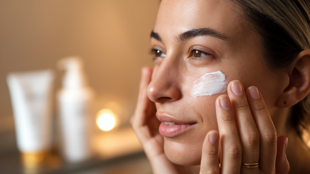 A closeup side profile photo of a woman in her 30s with warm lighting. She is applying skincare products to her face. The background is blurred and contains skincare products.