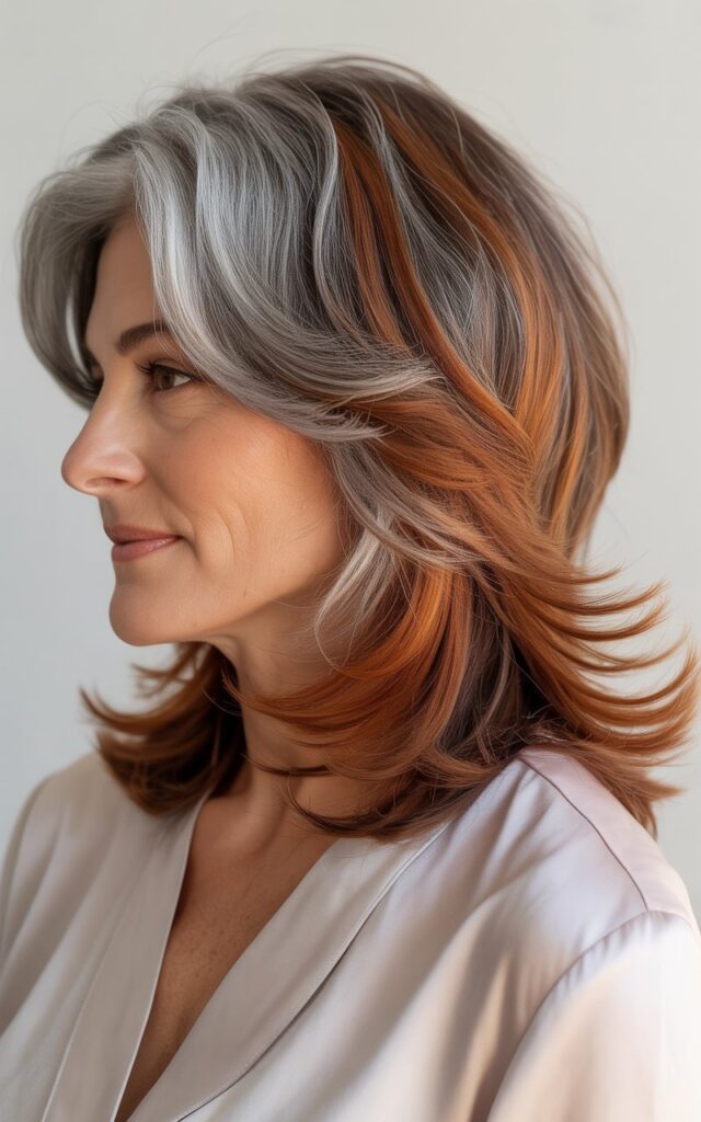 gray hair balayage and Copper and Auburn highlights