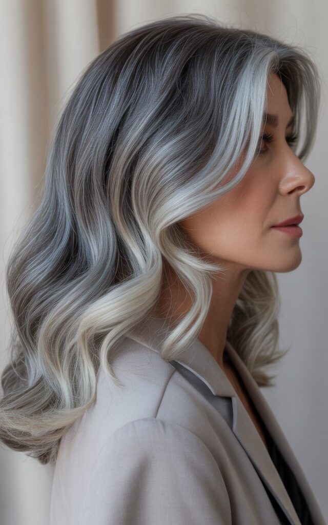 gray hair balayage and Platinum highlights