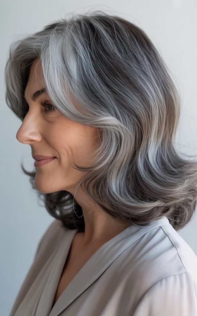 gray hair balayage and Salt-and-Pepper highlights