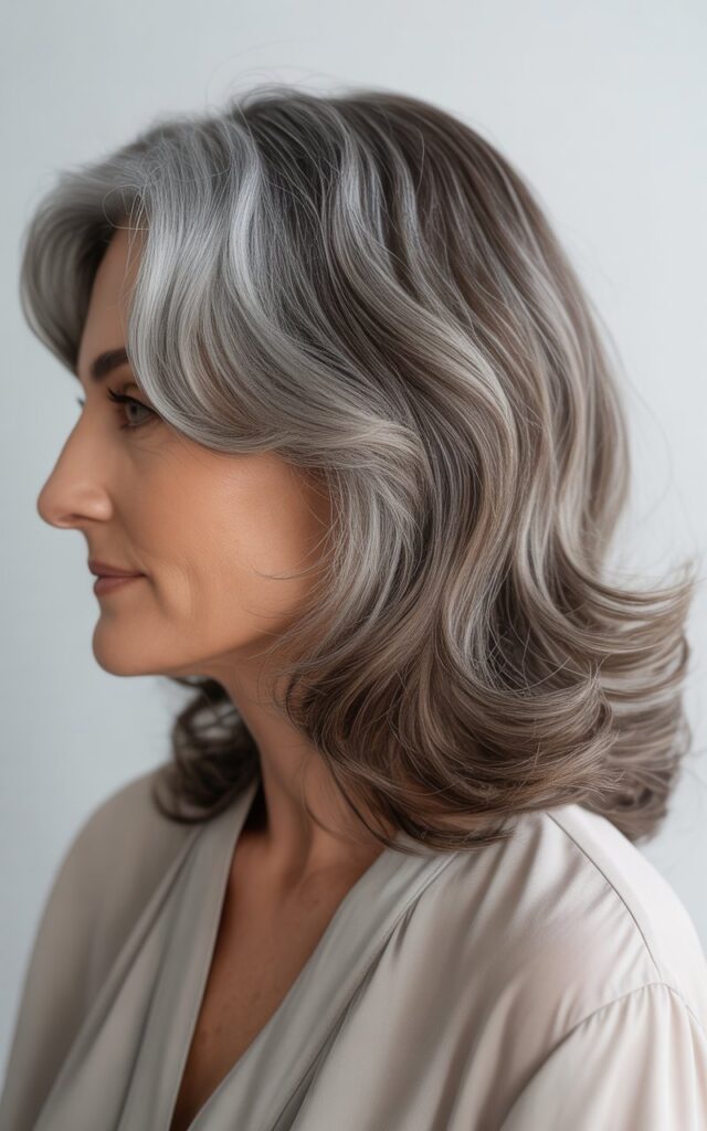 gray hair balayage and  ash brown highlights