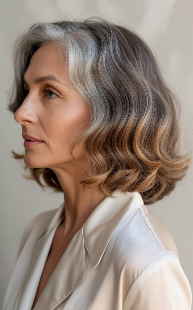 gray hair balayage and caramel highlights
