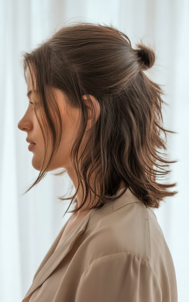 half-up look on a medium shag