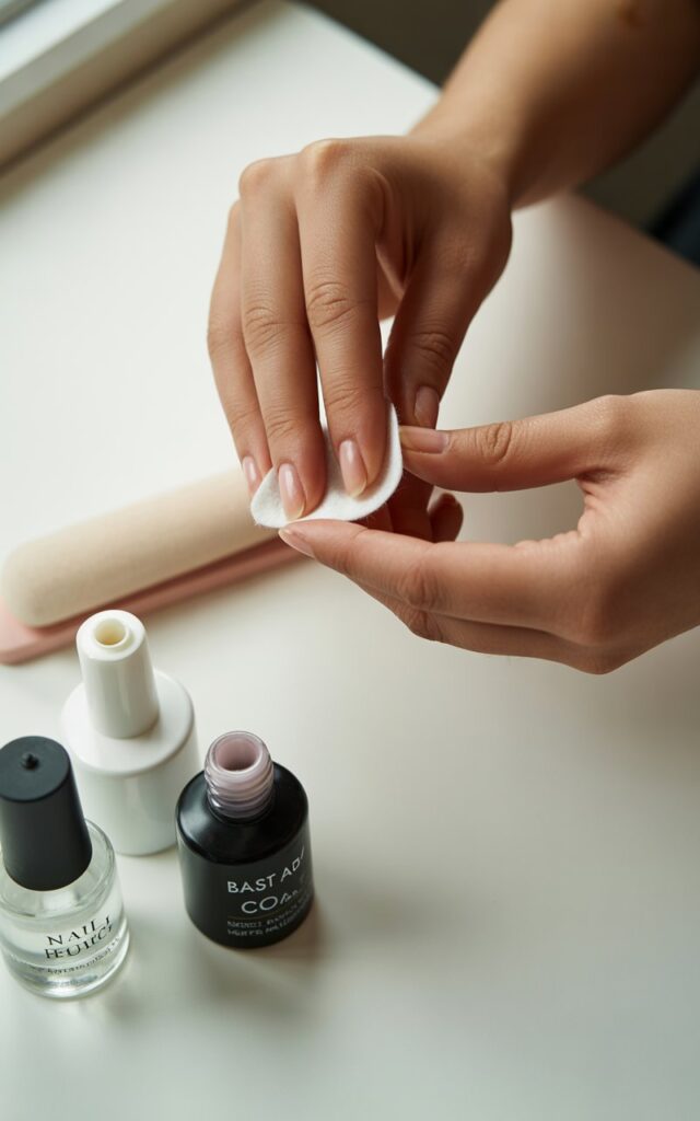hands preparing for nail art, showing the essential pre-polish steps