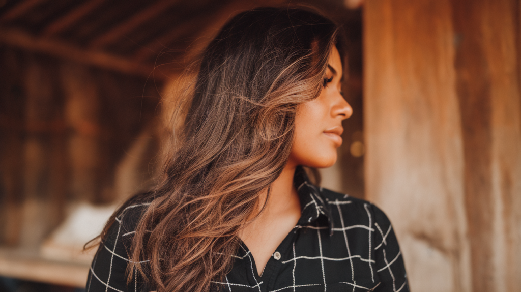 A photo of a side profile of an Antiguan woman with long hair and face-framing layers. Her hair is styled in loose waves. She is wearing a black and white checkered shirt. The background is blurred and contains a wooden structure. The lighting is warm.