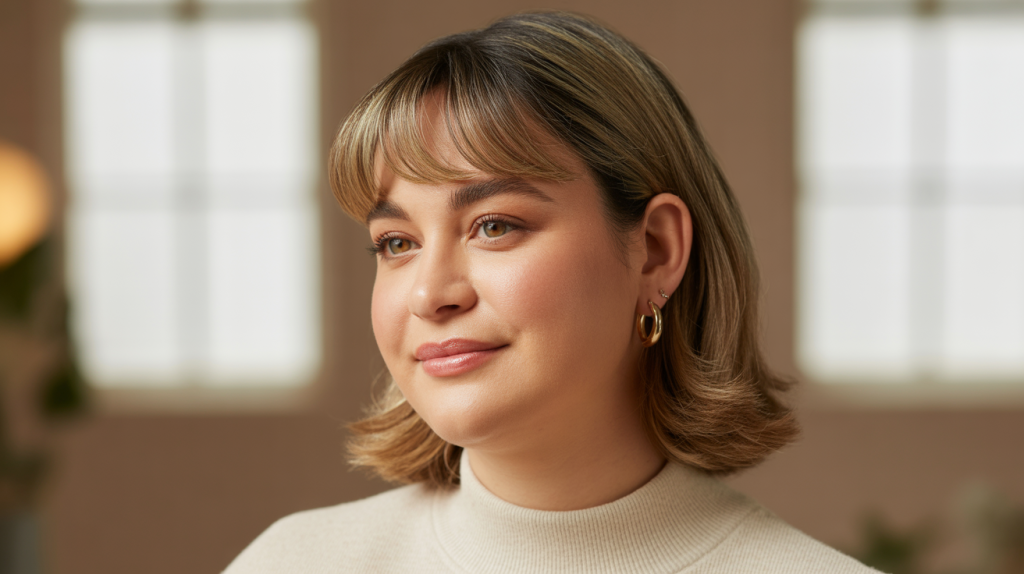 A professional portrait photograph of a woman with a medium hairstyle featuring subtly layered bangs, showcasing a round and chubby face in a gentle three-quarter side profile.