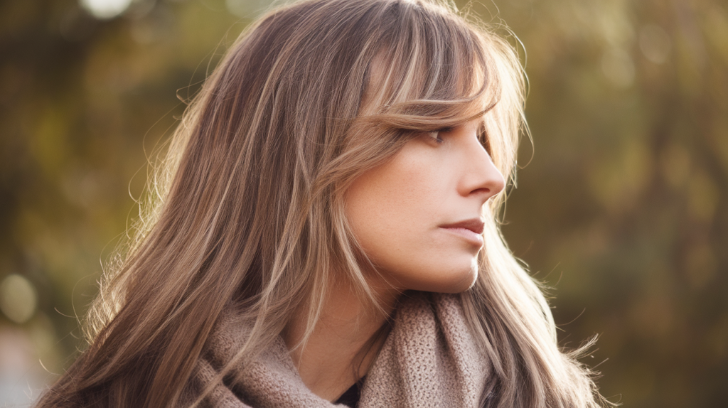 A side profile photo of an American woman with long hair, layers, and side bangs. The lighting is warm and soft. The background is blurred and contains greenery. The woman is wearing a beige scarf around her neck.