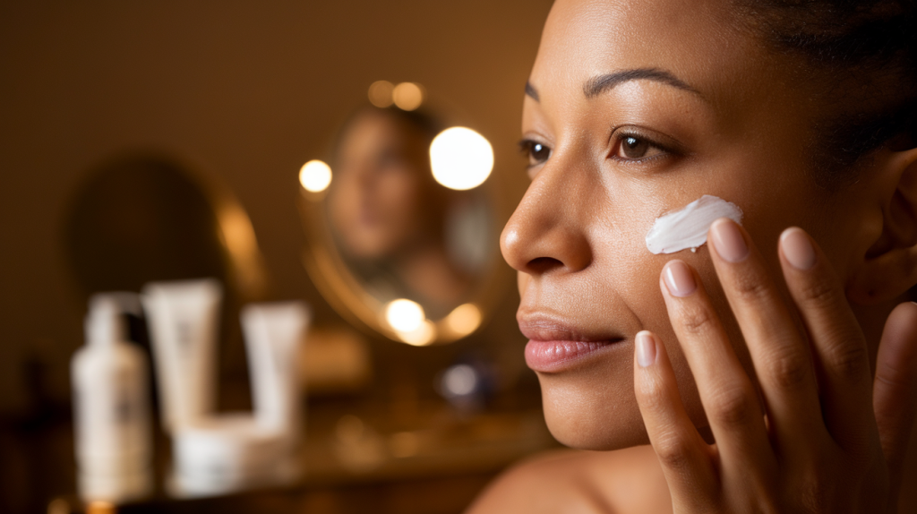 A warm lighting photo of a closeup, side profile of an American woman's face. She is applying anti-aging skin care products. The background is blurred and contains a vanity, mirror, and various skincare products.