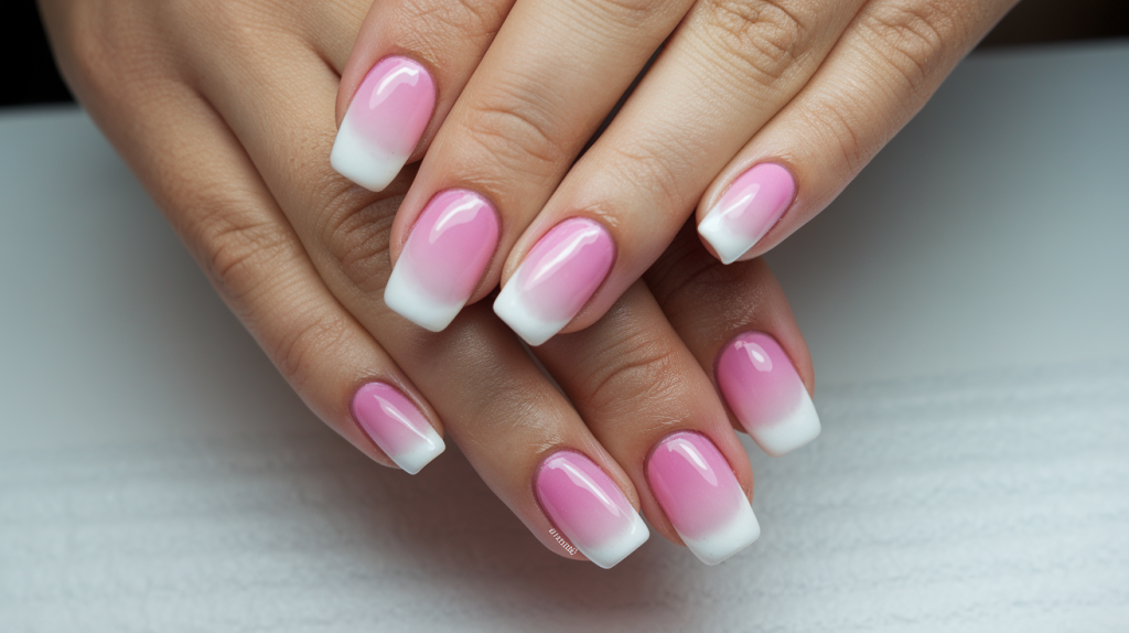 A photo of a woman with ombre nails. Her nails are painted with a gradient of pink to white, with the pink colour near the nail bed and the white colour at the tip. The nails are neatly manicured with a glossy finish. The background is a white surface.