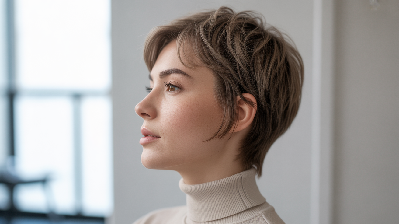 A professional side profile portrait photograph of a young woman showcasing a short, textured shag haircut reminiscent of authentic online examples.