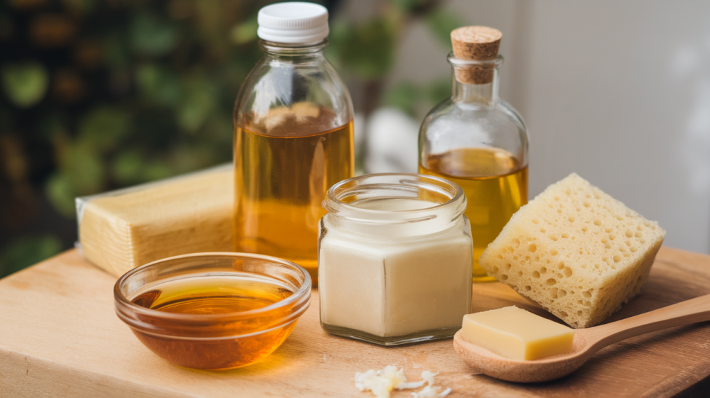 homemade skin care routine setup on a wooden surface