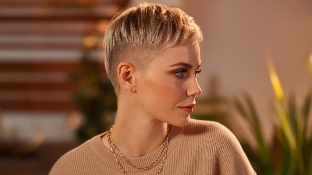 A photo of a woman with a short haircut in a side profile view. Her hair is styled with a slight angle. She has blue eyes and wears a beige sweater and a gold necklace. The lighting is warm. The background is blurred and contains a wooden structure and plants.