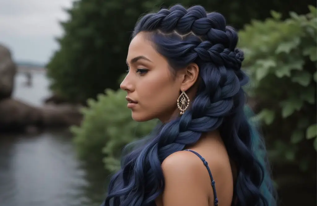 long big mermaid braided hairstyle on woman's Indigo hair color