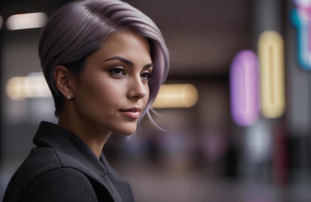 long pixie haircut and Violet Grey hair color