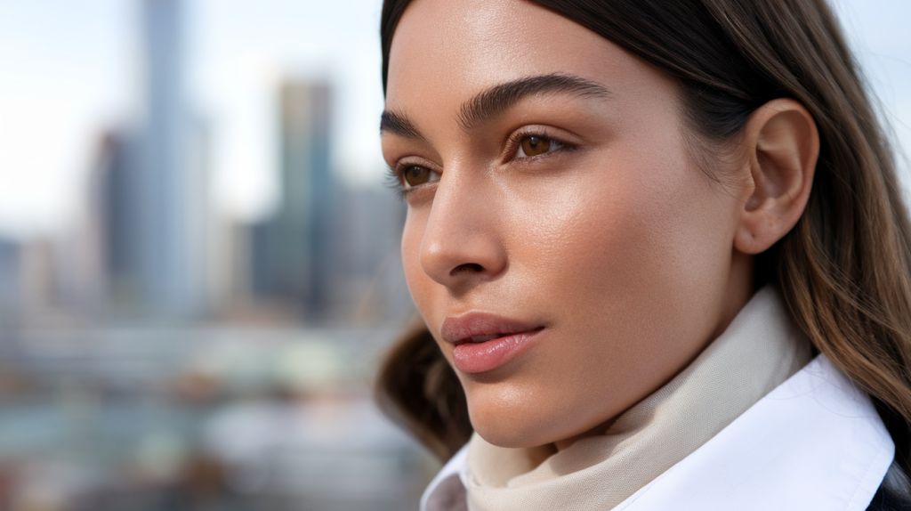 woman with radiant skin. She has dark brown hair and is wearing a white shirt and a beige scarf