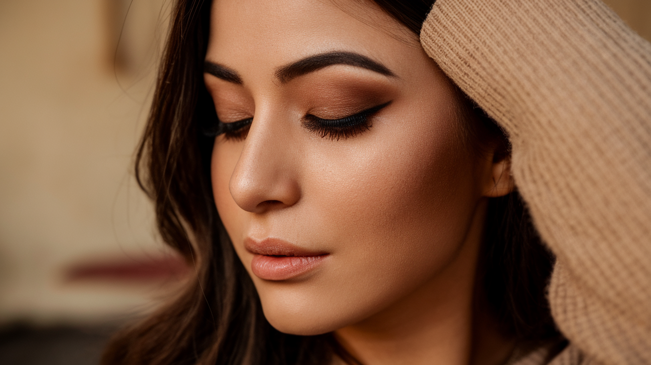 A close-up photo of an Armenian woman's side profile, with her eyes hooded and wearing makeup. She has dark brown eyes and dark brown hair. She is wearing a beige sweater. The background is blurred and contains a beige wall. The lighting is warm.