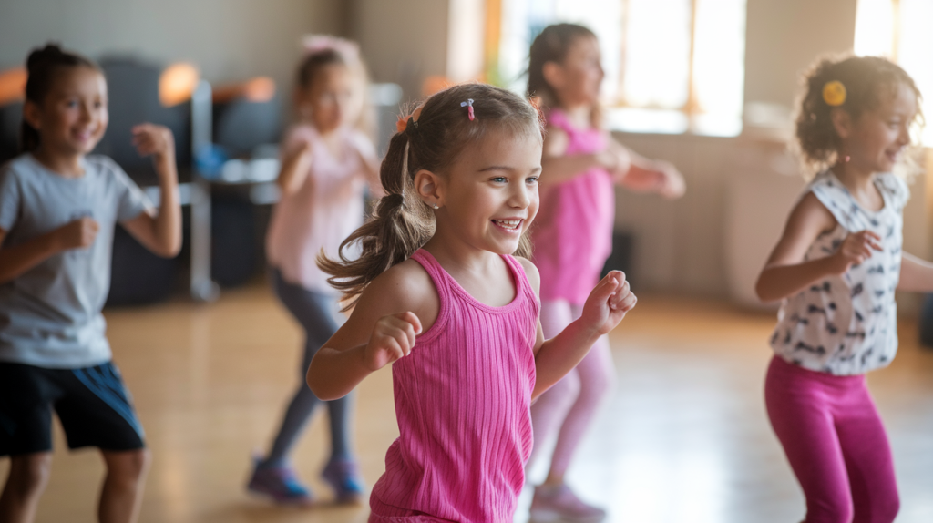 A photo of a Zumba dance class for kids. The room is softly lit with natural light. The children are dancing and having fun. The background contains a few pieces of equipment.