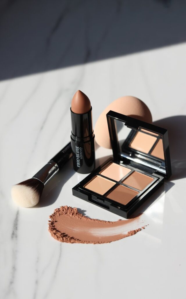 makeup contouring products arranged on a clean white marble surface with soft natural lighting