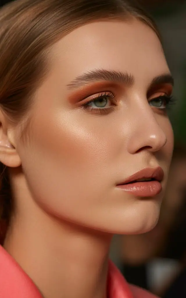 matte bronzed glow with sun-kissed warmth on cheekbones