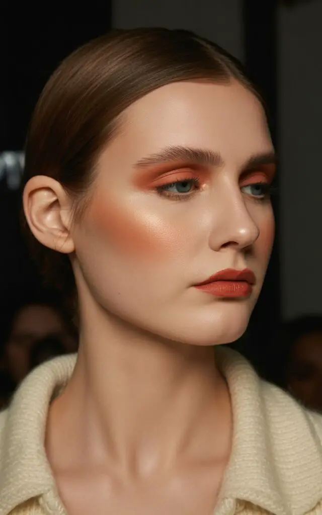 matte monochrome makeup with terracotta eyeshadow blush and lipstick in same color family