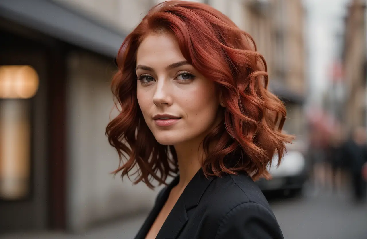 medium length haircut and Fire Engine Red hair color