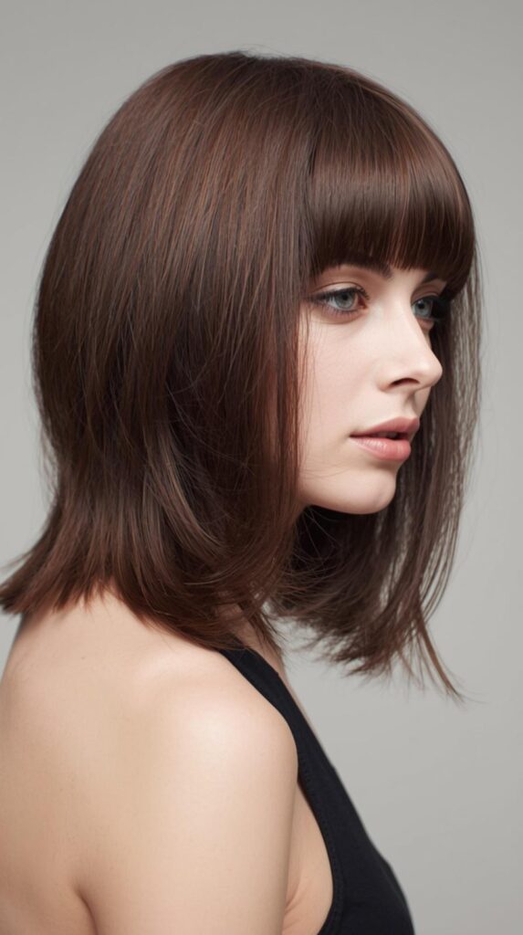 medium length shag haircut with curtain bangs blow-dried to a polished finish