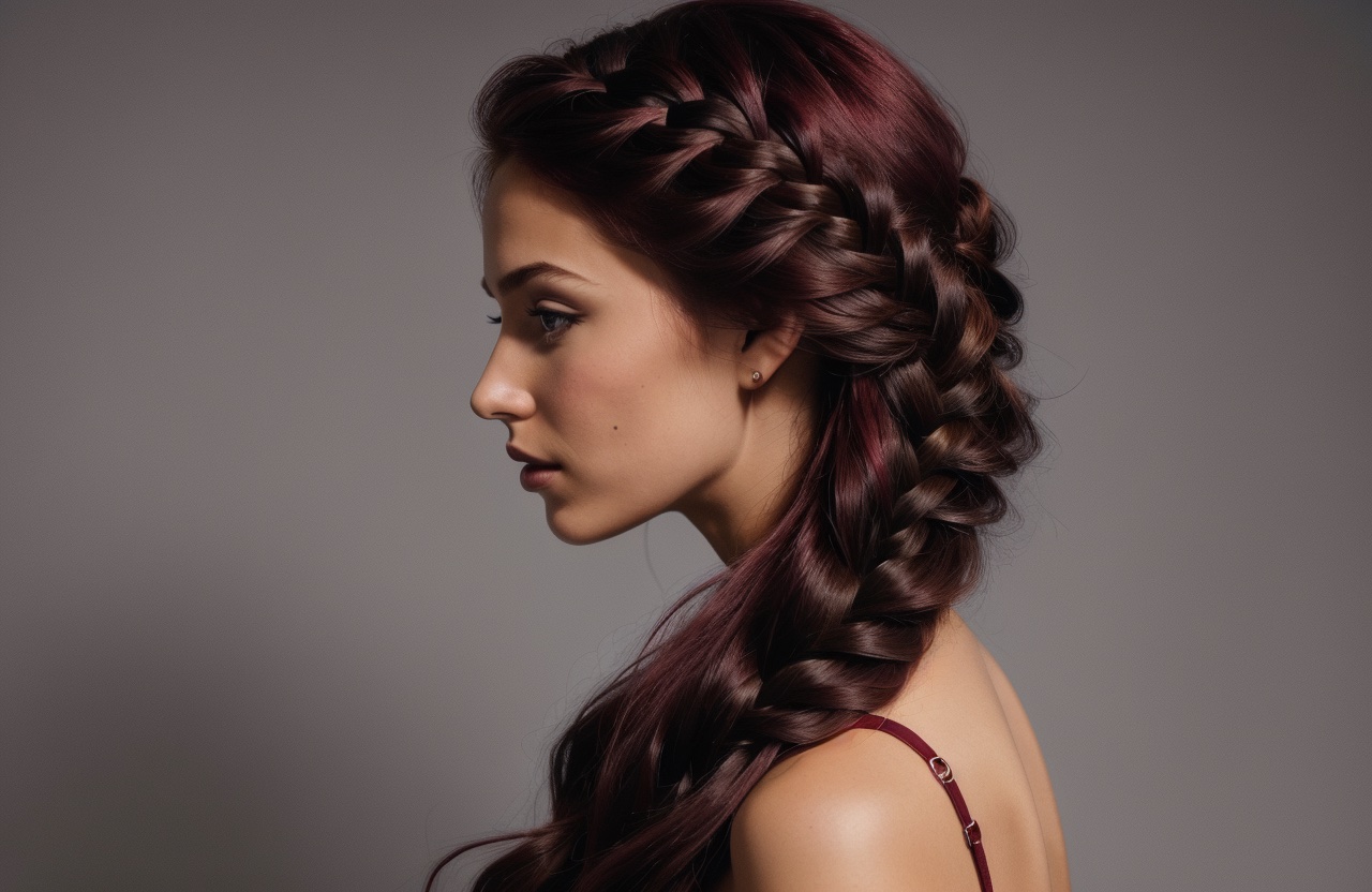 mermaid braid on woman's Burgundy hair color