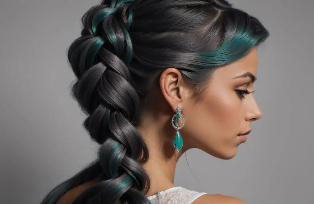 mermaid braided hairstyle on woman's  Charcoal Gray hair color