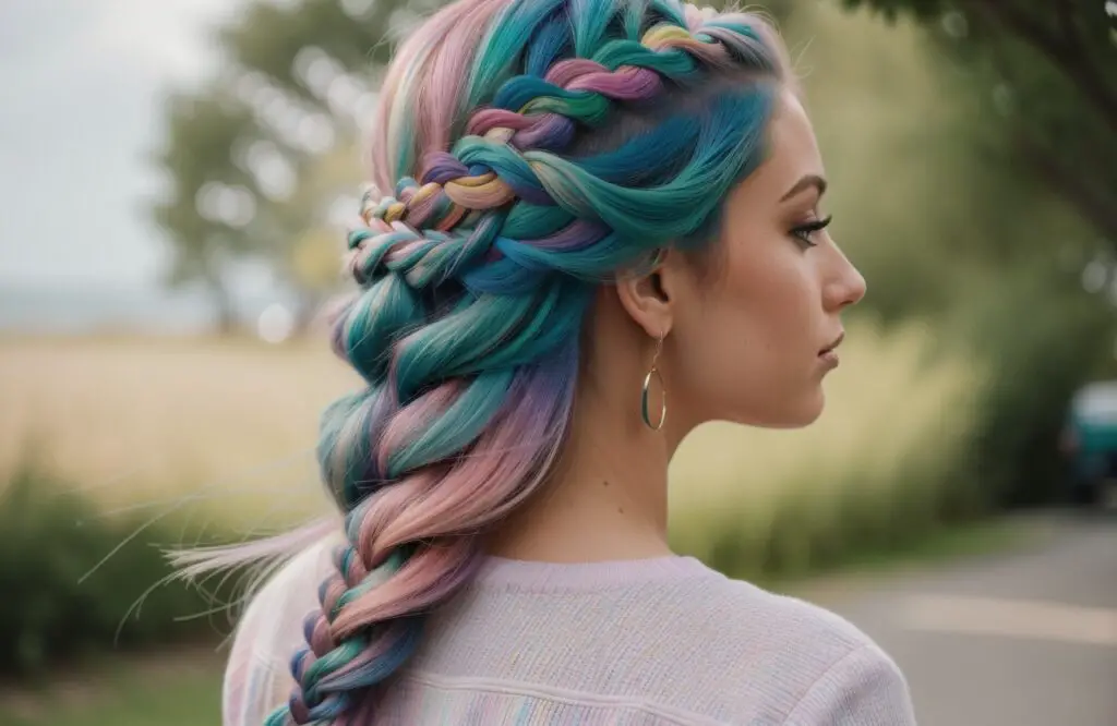 mermaid braided hairstyle on woman's Pastel Rainbow hair color