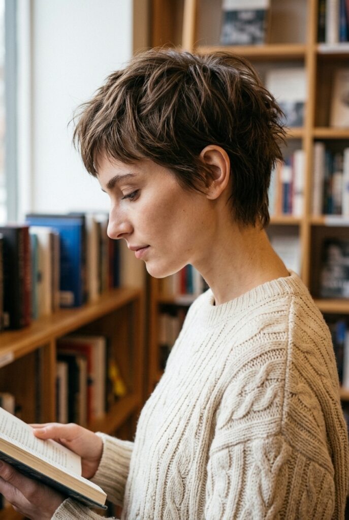 messy cropped cut with piece-y separated layers above the ear on a woman in side profile in a bookstore messy cropped cut with piece-y separated layers above the ear on a woman in side profile in a bookstore
