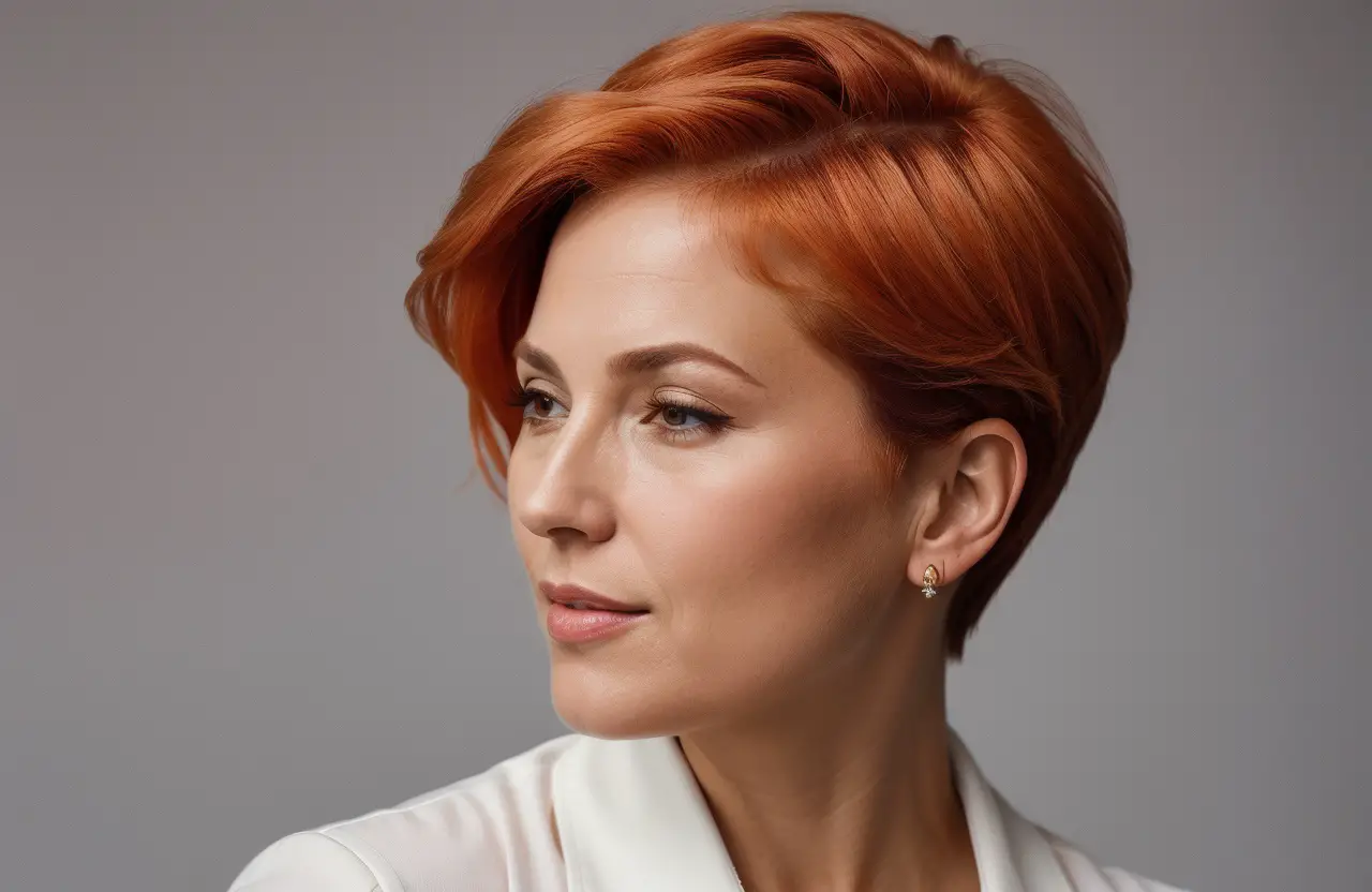 mture woman with short haircut with Pastel Orange hair color
