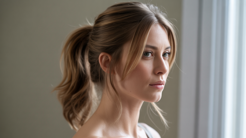 A professional portrait photograph of a woman showcasing a meticulously styled layered hair ponytail, mirroring the aesthetic of candid Google search results for similar hairstyles.